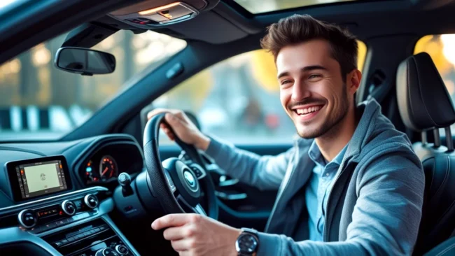 gadgets-essenciais-para-carros Uma imagem vibrante de vários gadgets automotivos, como uma câmera de painel, um carregador USB, um suporte para celular e um scanner OBD-II, dispostos sobre o painel de um carro moderno.