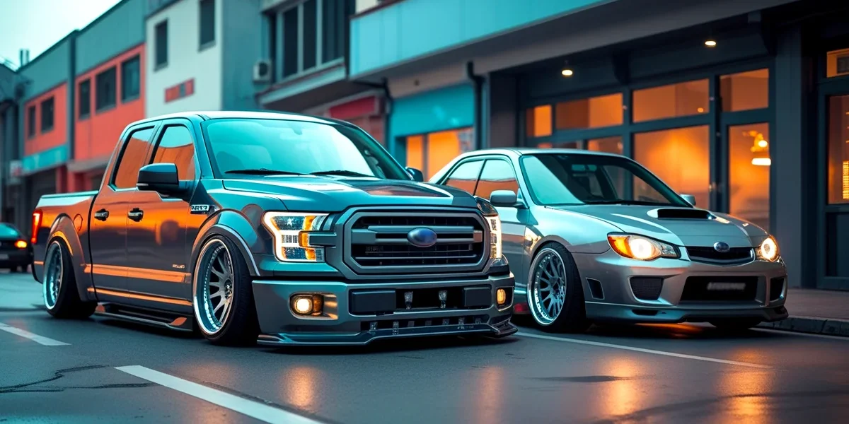 suspensao-ar-vs-suspensao-fixa Uma imagem dividida, mostrando um carro com suspensão a ar extremamente baixa, em contraste com um carro com suspensão fixa, demonstrando a diferença de altura e estética entre os dois tipos de suspensão.