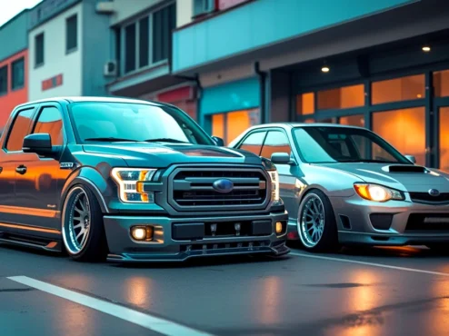 suspensao-ar-vs-suspensao-fixa Uma imagem dividida, mostrando um carro com suspensão a ar extremamente baixa, em contraste com um carro com suspensão fixa, demonstrando a diferença de altura e estética entre os dois tipos de suspensão.