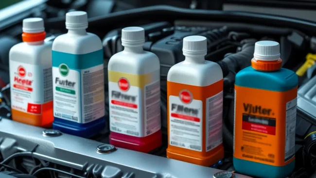 aditivos-combustivel-motor-carro-analise-beneficios Uma imagem mostrando diferentes tipos de frascos de aditivos de combustível ao lado de um motor de carro, com foco na análise de seus benefícios e se realmente valem a pena.