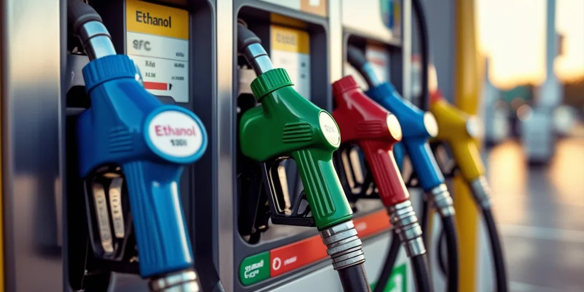 bomba-de-combustivel-com-opcoes-gasolina-etanol-diesel Close-up em uma bomba de combustível moderna em um posto, mostrando os bicos de abastecimento coloridos com as etiquetas de Gasolina, Etanol e Diesel, representando a escolha do consumidor.