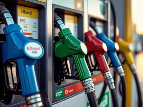 bomba-de-combustivel-com-opcoes-gasolina-etanol-diesel Close-up em uma bomba de combustível moderna em um posto, mostrando os bicos de abastecimento coloridos com as etiquetas de Gasolina, Etanol e Diesel, representando a escolha do consumidor.