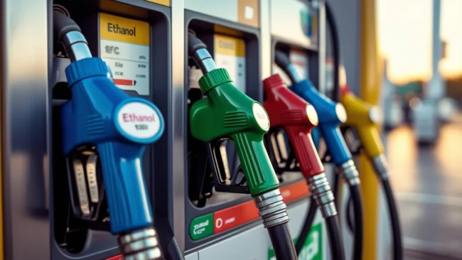 Close-up em uma bomba de combustível moderna em um posto, mostrando os bicos de abastecimento coloridos com as etiquetas de Gasolina, Etanol e Diesel, representando a escolha do consumidor.