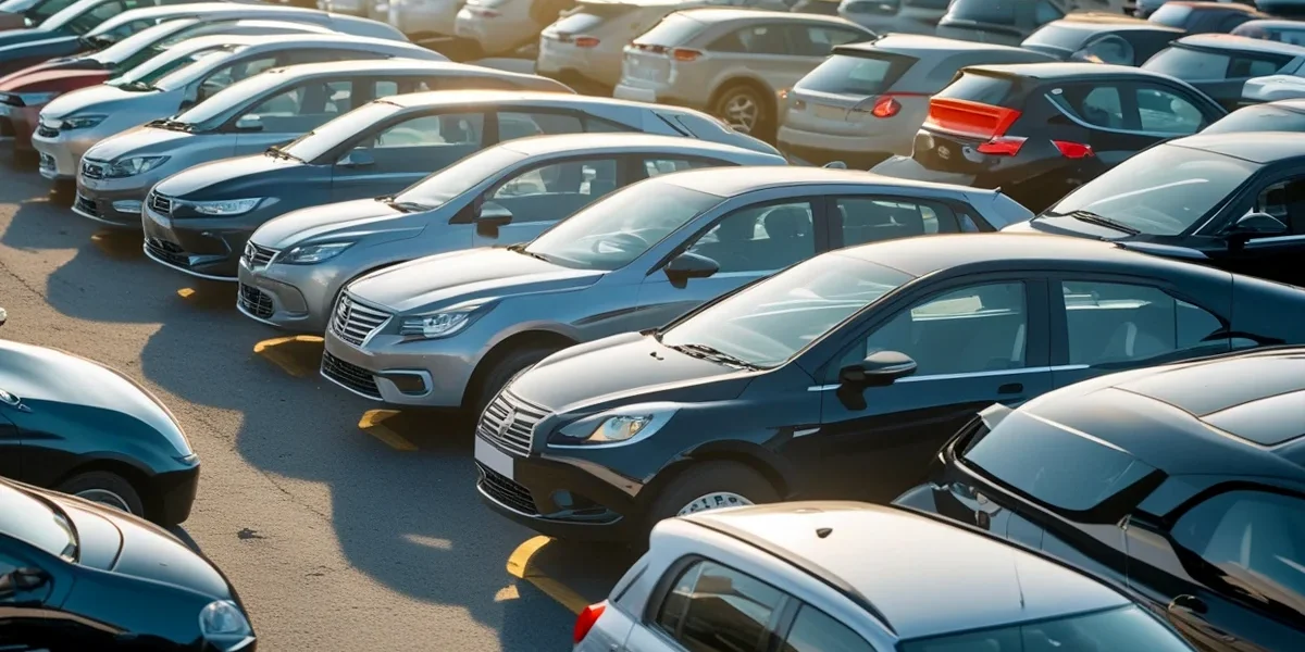 carro-com-sinistro-leilao Vista de um carro com pequenos danos na carroceria, estacionado em um pátio de leilão, com a etiqueta de sinistro visível no para-brisa, representando a oportunidade e o risco desse mercado.