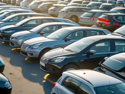 carro-com-sinistro-leilao Vista de um carro com pequenos danos na carroceria, estacionado em um pátio de leilão, com a etiqueta de sinistro visível no para-brisa, representando a oportunidade e o risco desse mercado.