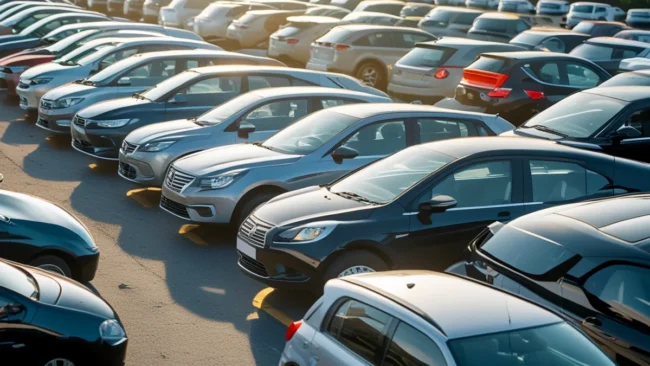Vista de um carro com pequenos danos na carroceria, estacionado em um pátio de leilão, com a etiqueta de sinistro visível no para-brisa, representando a oportunidade e o risco desse mercado.