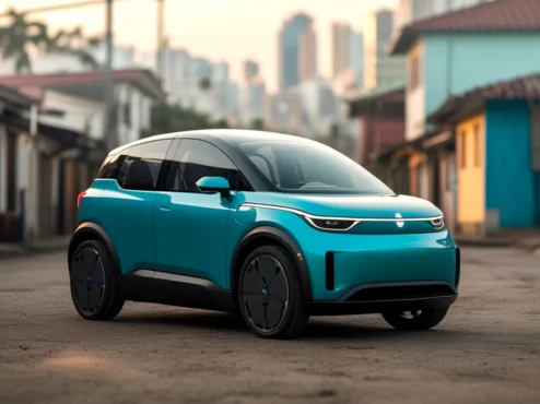 carro-eletrico-brasil-futuro-mobilidade Carro elétrico moderno carregando em um ponto de recarga em paisagem urbana brasileira, simbolizando o futuro da mobilidade sustentável.