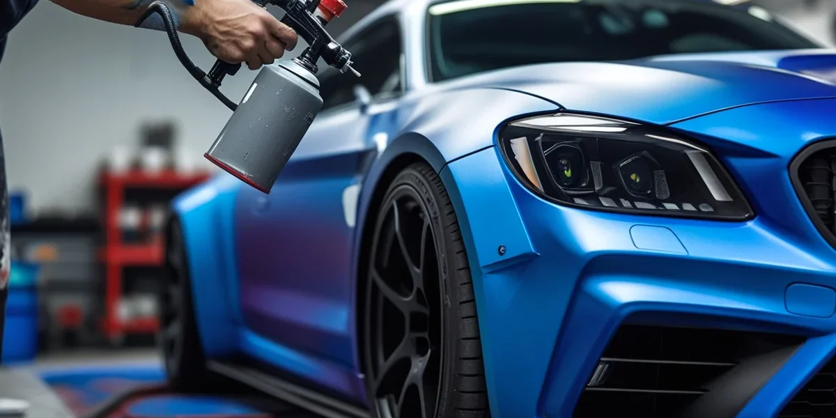 carro-esportivo-com-envelopamento-liquido-fosco-sendo-aplicado Close-up de um profissional aplicando envelopamento líquido (Plasti Dip) com uma pistola de pintura em um carro esportivo, mostrando a transição da cor original para um acabamento azul fosco, simbolizando a customização automotiva.