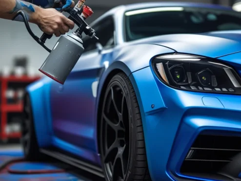 carro-esportivo-com-envelopamento-liquido-fosco-sendo-aplicado Close-up de um profissional aplicando envelopamento líquido (Plasti Dip) com uma pistola de pintura em um carro esportivo, mostrando a transição da cor original para um acabamento azul fosco, simbolizando a customização automotiva.
