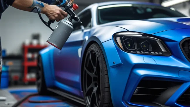 Close-up de um profissional aplicando envelopamento líquido (Plasti Dip) com uma pistola de pintura em um carro esportivo, mostrando a transição da cor original para um acabamento azul fosco, simbolizando a customização automotiva.