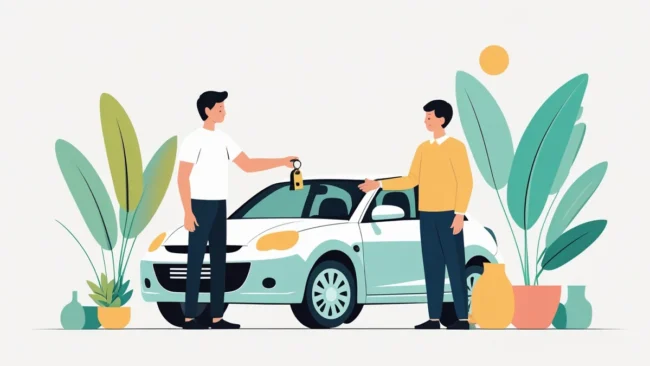 dicas-para-vender-carro-usado-pelo-melhor-preco Homem entregando as chaves de um carro usado limpo e bem cuidado para o novo comprador, simbolizando uma venda de sucesso após seguir as dicas do artigo.