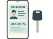 Uma imagem mostrando uma Carteira Nacional de Habilitação (CNH) e um Certificado de Registro e Licenciamento do Veículo (CRLV), em suas versões digitais em uma tela de smartphone, ao lado de uma chave de carro.