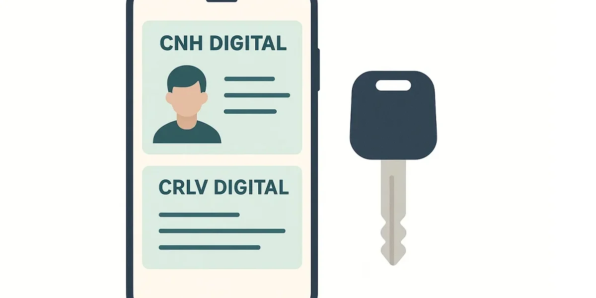 documentos-crlv-cnh-carro Uma imagem mostrando uma Carteira Nacional de Habilitação (CNH) e um Certificado de Registro e Licenciamento do Veículo (CRLV), em suas versões digitais em uma tela de smartphone, ao lado de uma chave de carro.