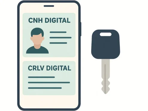 documentos-crlv-cnh-carro Uma imagem mostrando uma Carteira Nacional de Habilitação (CNH) e um Certificado de Registro e Licenciamento do Veículo (CRLV), em suas versões digitais em uma tela de smartphone, ao lado de uma chave de carro.