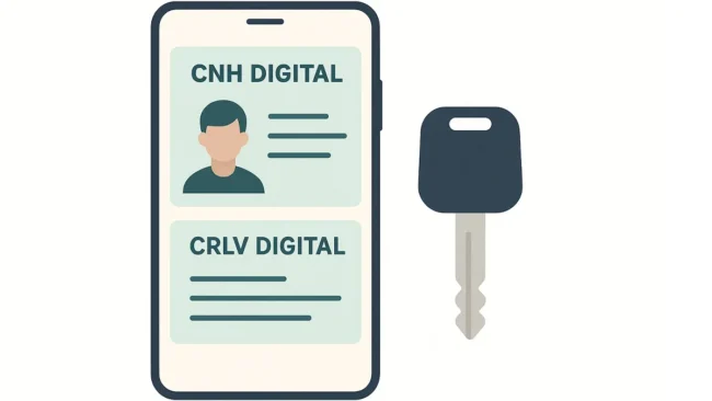 documentos-crlv-cnh-carro Uma imagem mostrando uma Carteira Nacional de Habilitação (CNH) e um Certificado de Registro e Licenciamento do Veículo (CRLV), em suas versões digitais em uma tela de smartphone, ao lado de uma chave de carro.