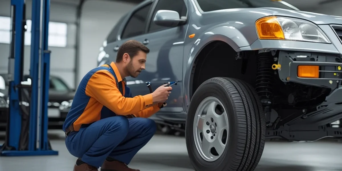 laudo-cautelar-confiavel-carro-usado Profissional inspecionando o chassi de um carro usado, simbolizando a importância de um laudo cautelar confiável.