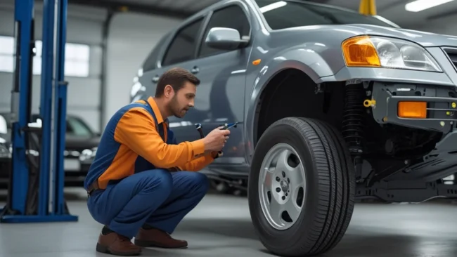 laudo-cautelar-confiavel-carro-usado Profissional inspecionando o chassi de um carro usado, simbolizando a importância de um laudo cautelar confiável.