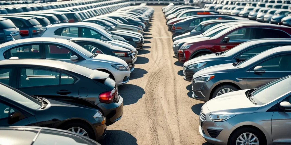 leilao-automotivo-carros Uma vista de dentro de um pátio de leilão de carros, com uma grande variedade de veículos, desde carros populares até sedãs e SUVs, enfileirados e prontos para inspeção e arremate.