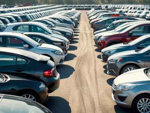 leilao-automotivo-carros Uma vista de dentro de um pátio de leilão de carros, com uma grande variedade de veículos, desde carros populares até sedãs e SUVs, enfileirados e prontos para inspeção e arremate.