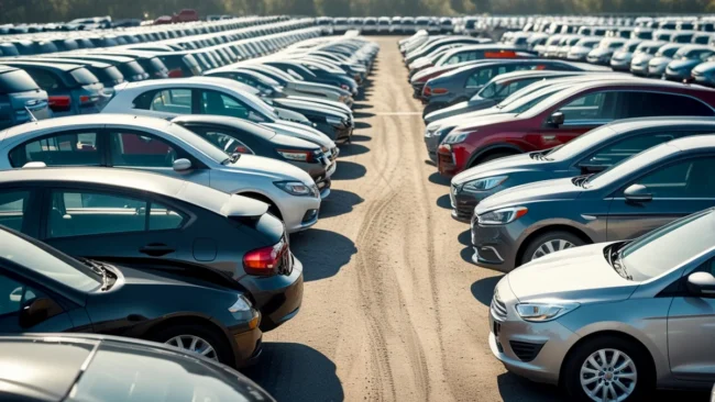 Uma vista de dentro de um pátio de leilão de carros, com uma grande variedade de veículos, desde carros populares até sedãs e SUVs, enfileirados e prontos para inspeção e arremate.