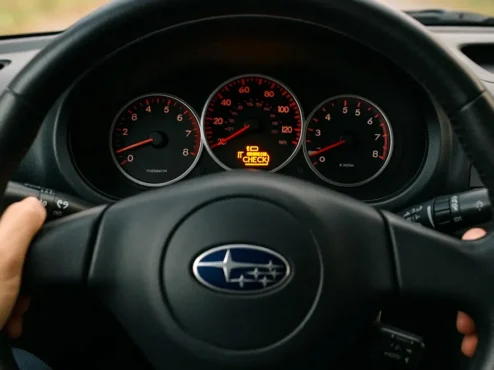 luz-de-injecao-eletronica-piscando-no-painel-do-carro Close-up do painel de um carro com a luz de injeção eletrônica piscando em destaque, simbolizando um problema grave no motor.