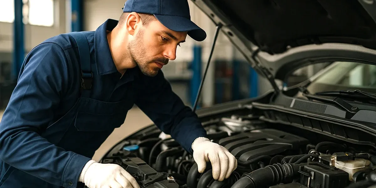mecanico-realizando-manutencao-preventiva-em-carro Um mecânico profissional com uniforme inspecionando o motor de um carro em uma oficina bem iluminada, representando o conceito de manutenção preventiva automotiva.