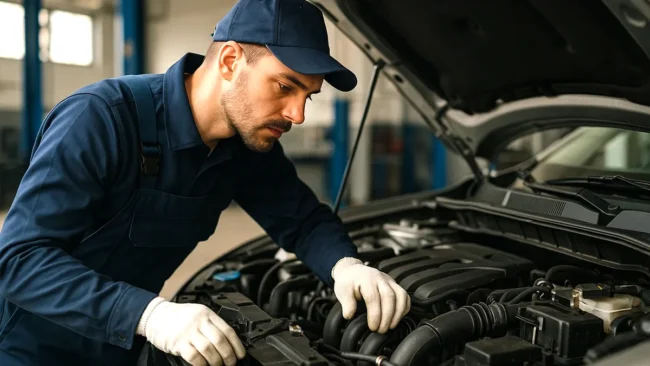 mecanico-realizando-manutencao-preventiva-em-carro Um mecânico profissional com uniforme inspecionando o motor de um carro em uma oficina bem iluminada, representando o conceito de manutenção preventiva automotiva.