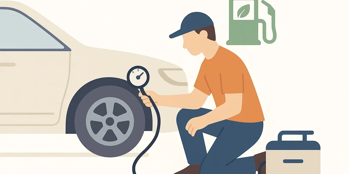 pessoa-calibrando-pneu-carro Uma pessoa ajoelhada ao lado do pneu de um carro, usando um medidor de pressão e um compressor de ar, simbolizando a importância da calibração correta dos pneus para economizar combustível.