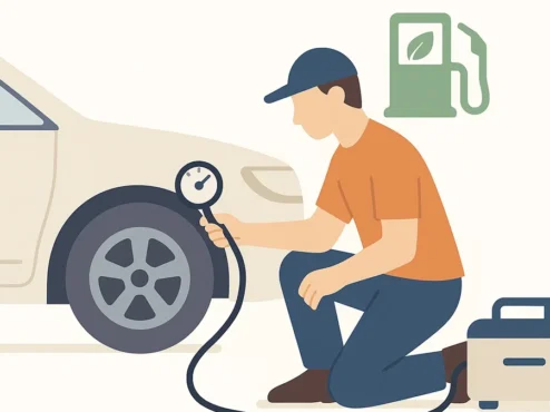 pessoa-calibrando-pneu-carro Uma pessoa ajoelhada ao lado do pneu de um carro, usando um medidor de pressão e um compressor de ar, simbolizando a importância da calibração correta dos pneus para economizar combustível.