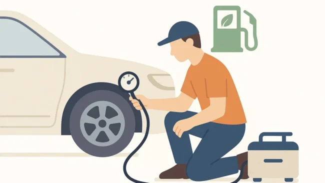 pessoa-calibrando-pneu-carro Uma pessoa ajoelhada ao lado do pneu de um carro, usando um medidor de pressão e um compressor de ar, simbolizando a importância da calibração correta dos pneus para economizar combustível.