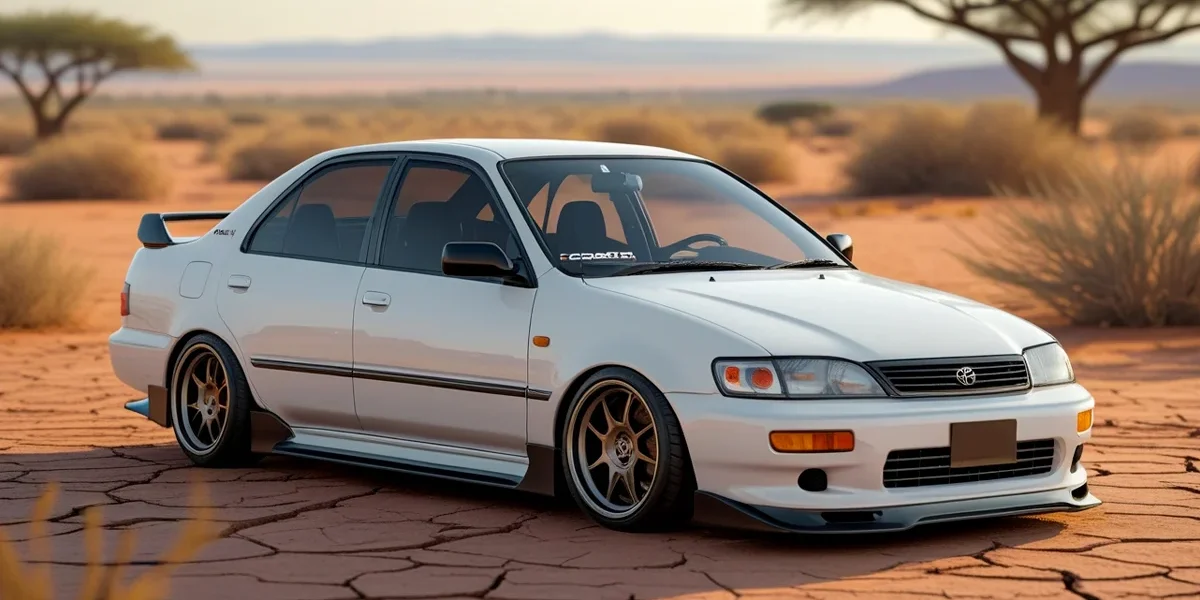 toyota-corolla-africa-ruas Um Toyota Corolla clássico, em bom estado, trafegando por uma rua de terra movimentada em uma cidade africana, com pessoas e paisagens locais ao fundo, simbolizando sua onipresença e confiabilidade.
