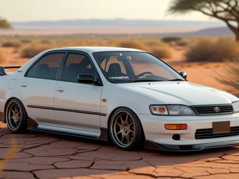 toyota-corolla-africa-ruas Um Toyota Corolla clássico, em bom estado, trafegando por uma rua de terra movimentada em uma cidade africana, com pessoas e paisagens locais ao fundo, simbolizando sua onipresença e confiabilidade.