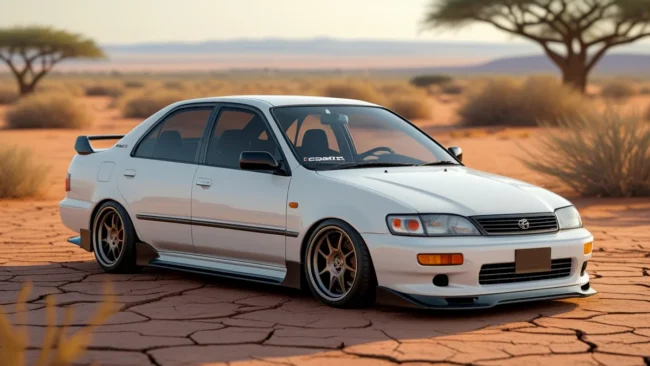 toyota-corolla-africa-ruas Um Toyota Corolla clássico, em bom estado, trafegando por uma rua de terra movimentada em uma cidade africana, com pessoas e paisagens locais ao fundo, simbolizando sua onipresença e confiabilidade.