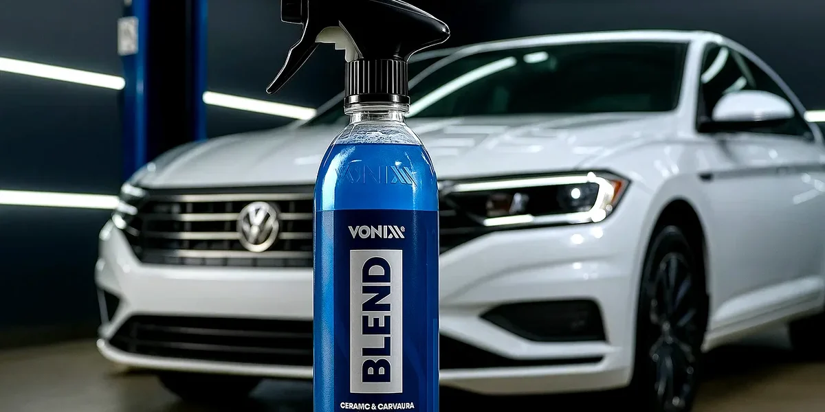 vonixx-blend-spray-wax-review Cera Vonixx Blend Spray Wax 500ml com frasco em destaque ao lado de carro brilhante