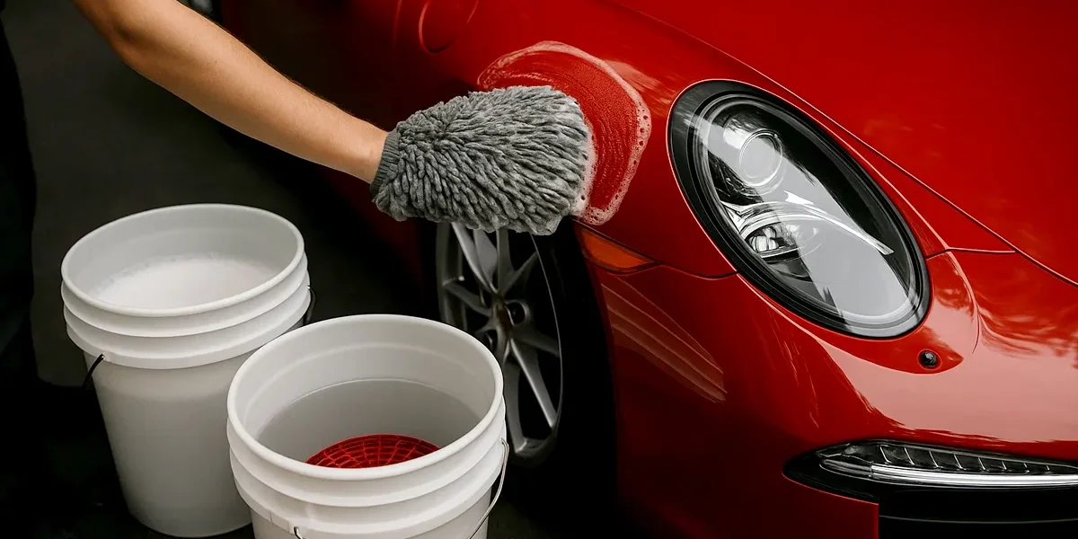 carro-vermelho-sendo-lavado-tecnica-dois-baldes Foto detalhada de uma pessoa lavando um carro esportivo vermelho brilhante na sombra, utilizando uma luva de microfibra e a técnica dos dois baldes com um separador de partículas (Grit Guard) visível no balde de enxágue.
