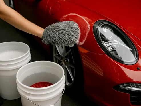 carro-vermelho-sendo-lavado-tecnica-dois-baldes Foto detalhada de uma pessoa lavando um carro esportivo vermelho brilhante na sombra, utilizando uma luva de microfibra e a técnica dos dois baldes com um separador de partículas (Grit Guard) visível no balde de enxágue.
