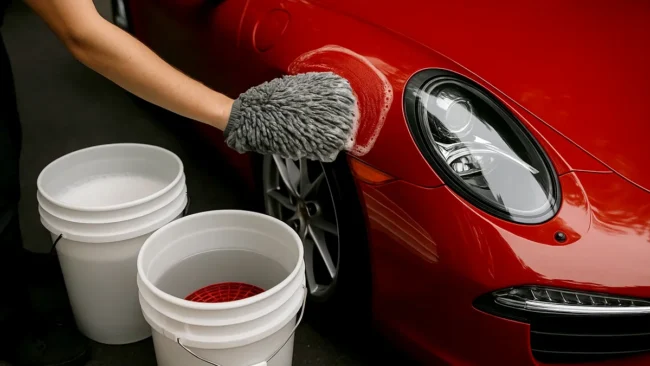 carro-vermelho-sendo-lavado-tecnica-dois-baldes Foto detalhada de uma pessoa lavando um carro esportivo vermelho brilhante na sombra, utilizando uma luva de microfibra e a técnica dos dois baldes com um separador de partículas (Grit Guard) visível no balde de enxágue.