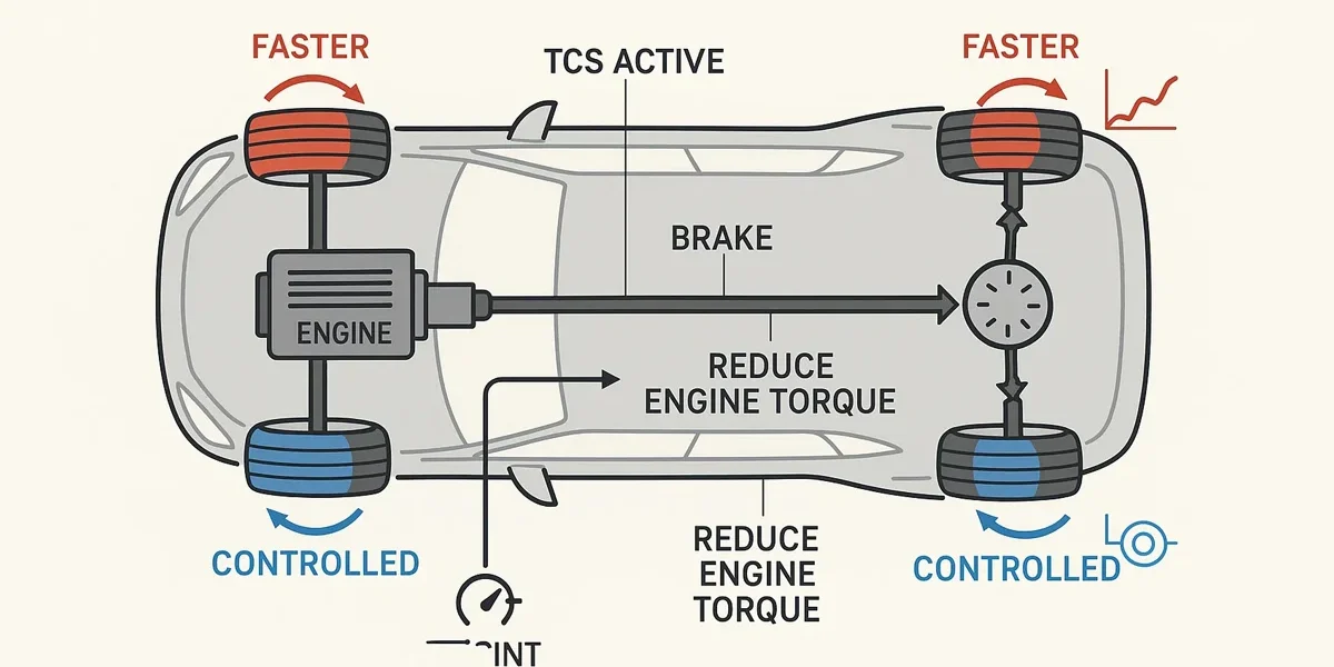 controle-de-tracao-tcs-funcionamento-seguranca-automotiva Diagrama ou representação gráfica de um sistema de controle de tração (TCS) atuando, mostrando a diferença de rotação entre as rodas e o acionamento dos freios ou redução de torque para manter a aderência e a segurança do veículo.