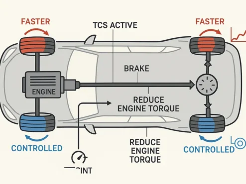 controle-de-tracao-tcs-funcionamento-seguranca-automotiva Diagrama ou representação gráfica de um sistema de controle de tração (TCS) atuando, mostrando a diferença de rotação entre as rodas e o acionamento dos freios ou redução de torque para manter a aderência e a segurança do veículo.