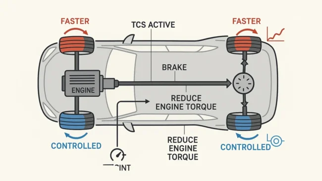 Diagrama ou representação gráfica de um sistema de controle de tração (TCS) atuando, mostrando a diferença de rotação entre as rodas e o acionamento dos freios ou redução de torque para manter a aderência e a segurança do veículo.