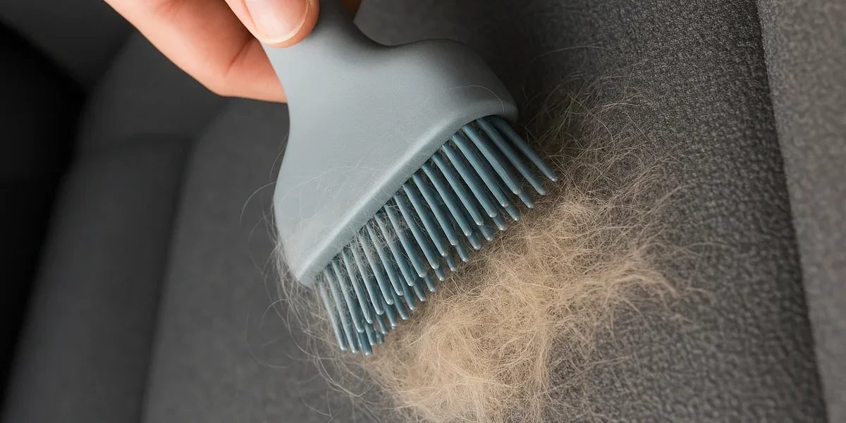 Close-up de uma escova de cerdas de silicone sendo usada para remover uma grande quantidade de pelos de cachorro (ou gato) presos no carpete cinza do banco de um carro.