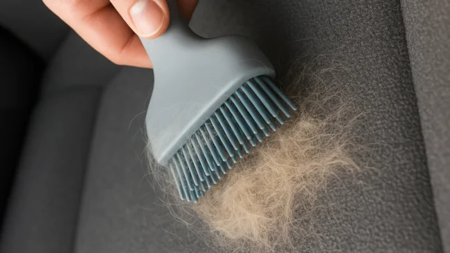 Close-up de uma escova de cerdas de silicone sendo usada para remover uma grande quantidade de pelos de cachorro (ou gato) presos no carpete cinza do banco de um carro.