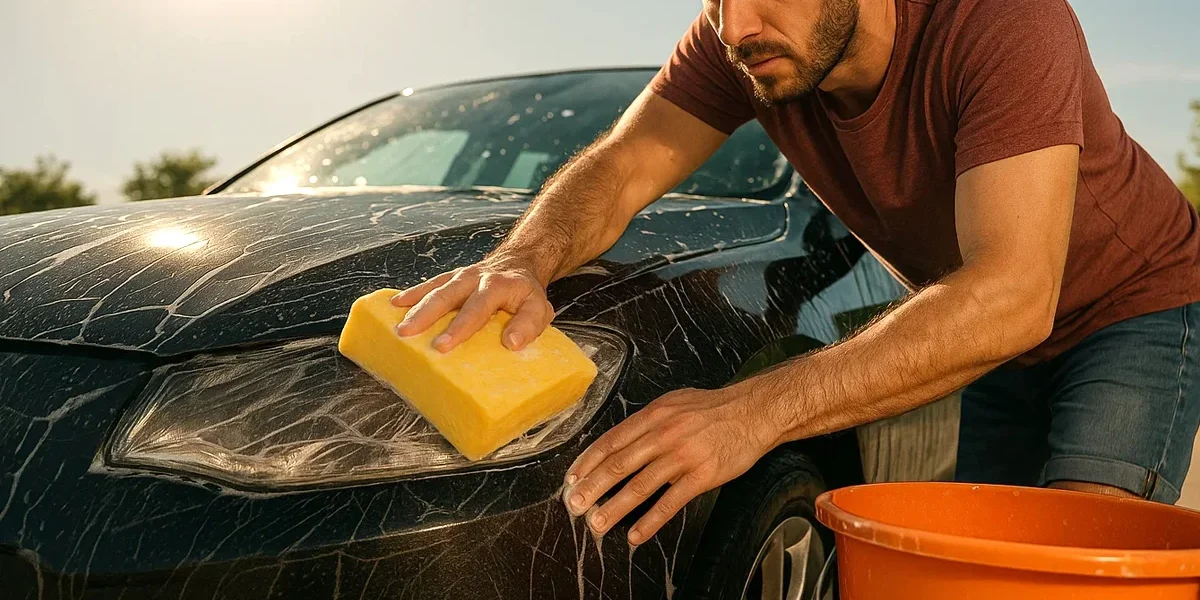 homem-cometendo-erros-lavagem-carro-detergente Foto ilustrativa mostrando um homem lavando um carro preto sob sol forte, usando um balde único e uma esponja amarela de cozinha, simbolizando os erros comuns que levam a microrriscos e danos na pintura automotiva.