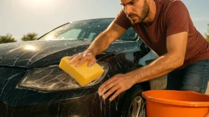 Foto ilustrativa mostrando um homem lavando um carro preto sob sol forte, usando um balde único e uma esponja amarela de cozinha, simbolizando os erros comuns que levam a microrriscos e danos na pintura automotiva.