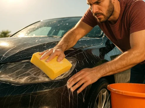 homem-cometendo-erros-lavagem-carro-detergente Foto ilustrativa mostrando um homem lavando um carro preto sob sol forte, usando um balde único e uma esponja amarela de cozinha, simbolizando os erros comuns que levam a microrriscos e danos na pintura automotiva.