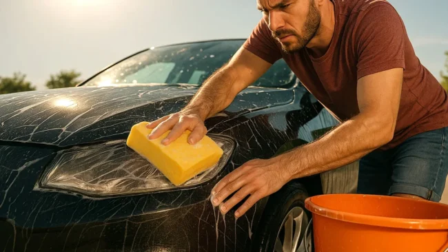 Foto ilustrativa mostrando um homem lavando um carro preto sob sol forte, usando um balde único e uma esponja amarela de cozinha, simbolizando os erros comuns que levam a microrriscos e danos na pintura automotiva.