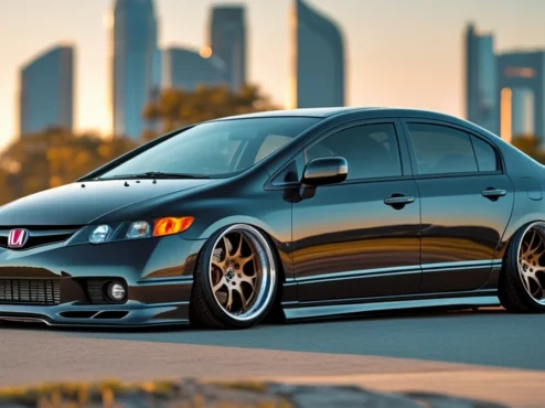honda-civic-new-civic-g8-modificado-brasil Foto de um Honda Civic de oitava ou décima geração (G8 ou G10) modificado, com rodas esportivas e suspensão rebaixada, representando a paixão brasileira pela customização e o DNA esportivo do modelo.