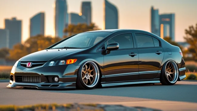 Foto de um Honda Civic de oitava ou décima geração (G8 ou G10) modificado, com rodas esportivas e suspensão rebaixada, representando a paixão brasileira pela customização e o DNA esportivo do modelo.