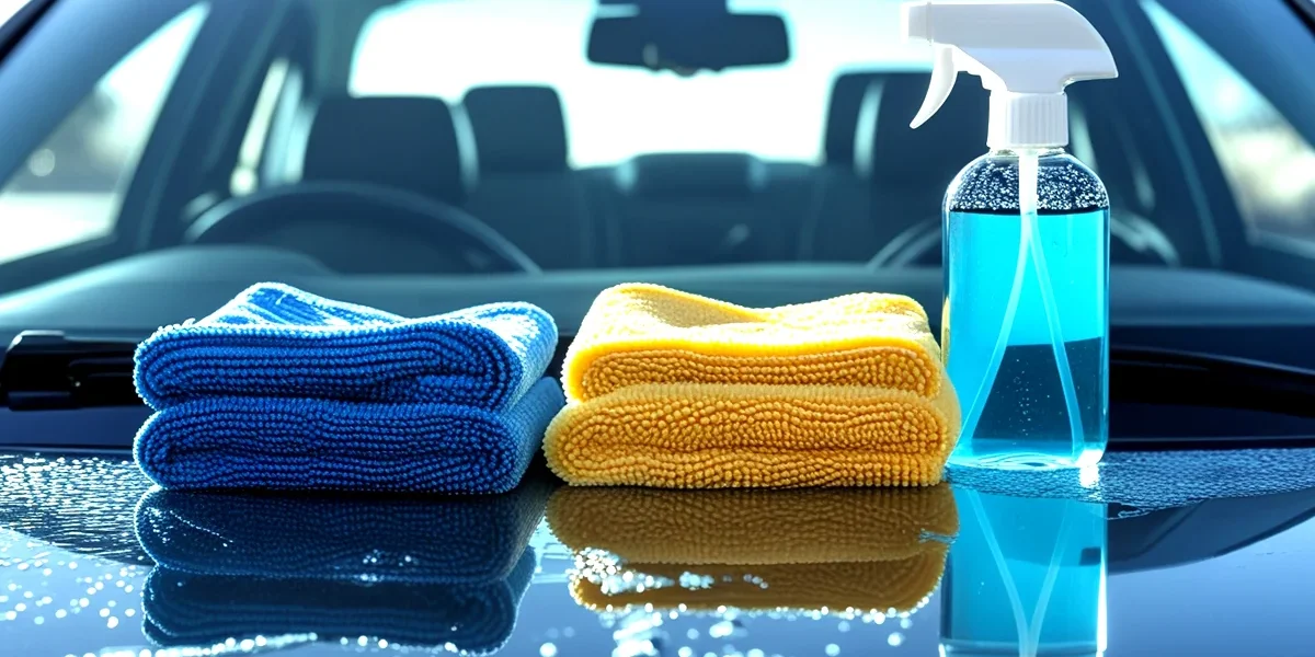 kit-limpeza-vidros-automotivos-microfibra-sem-manchas Kit de limpeza de vidros automotivos, mostrando duas flanelas de microfibra (uma molhada e uma seca) e um limpador de vidros especial, sobre um para-brisa limpo e sem manchas, ilustrando a técnica para visibilidade máxima.