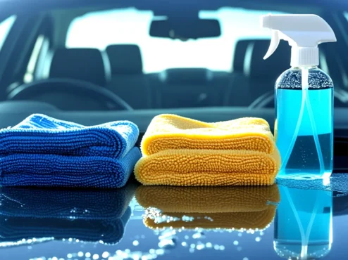 kit-limpeza-vidros-automotivos-microfibra-sem-manchas Kit de limpeza de vidros automotivos, mostrando duas flanelas de microfibra (uma molhada e uma seca) e um limpador de vidros especial, sobre um para-brisa limpo e sem manchas, ilustrando a técnica para visibilidade máxima.